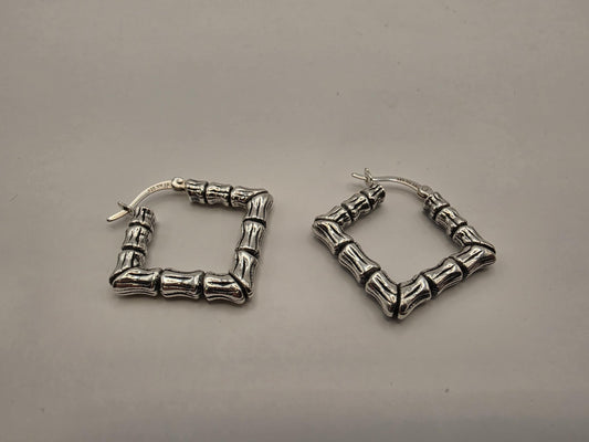 Sterling Silver Square Bamboo Hoop Earrings 1" 925 Vintage 90s Style Statement Door Knocker Jewelry Gift for Her Womens