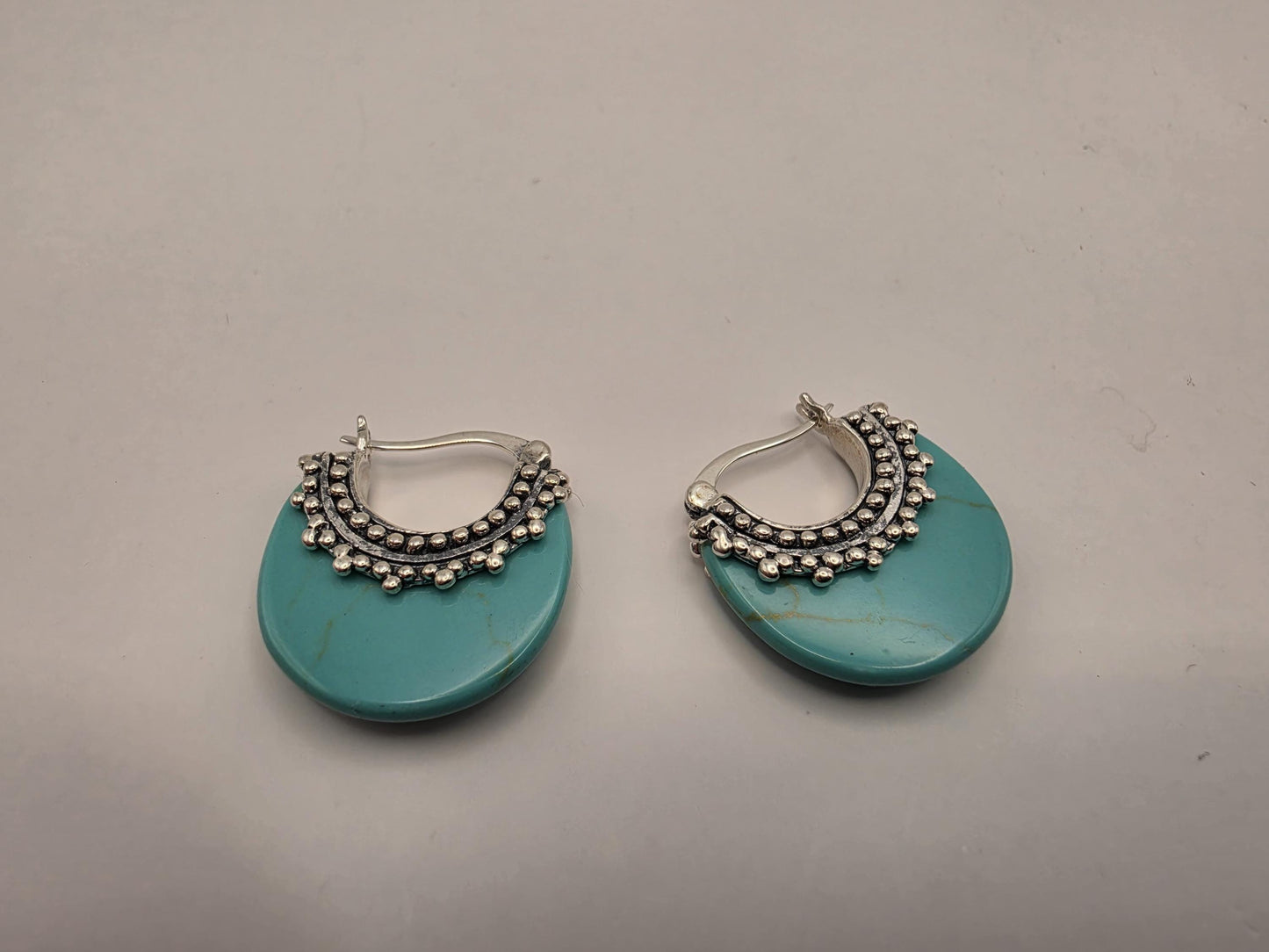 Sterling Silver Turquoise Crescent Hoop Earrings 925 Bohemian Statement Stone Disc Beaded Boho Jewelry Gift for Her