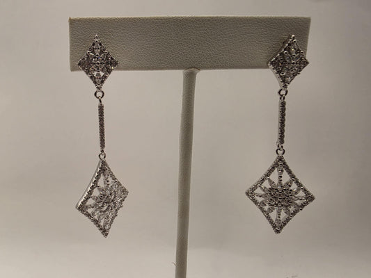 Sterling Silver Art Deco CZ Kite Drop Earrings 925 Marquise Pave Vintage Style Bridal Wedding Jewelry Gift for Her