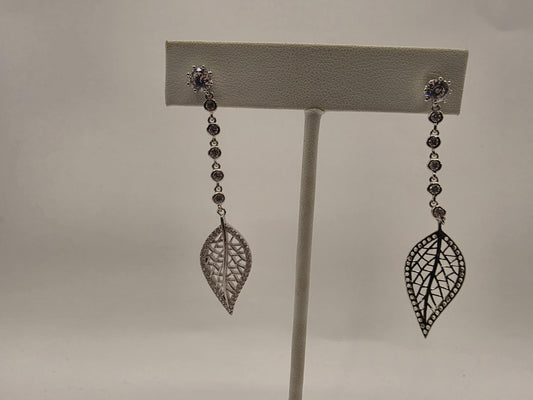 Sterling Silver CZ Leaf Filigree Drop Earrings 925 Pave Nature Botanical Dangle Elegant Jewelry Gift for Her Womens
