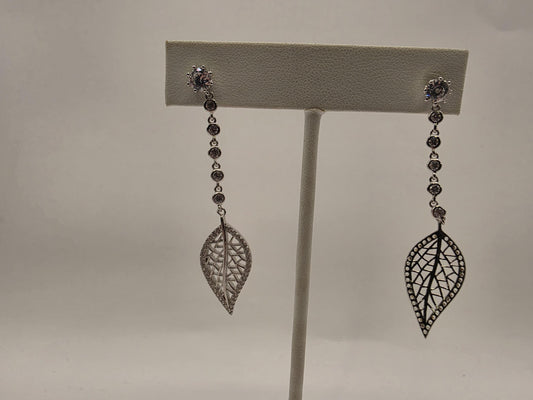 Sterling Silver CZ Leaf Filigree Drop Earrings 925 Pave Nature Botanical Dangle Elegant Jewelry Gift for Her Womens