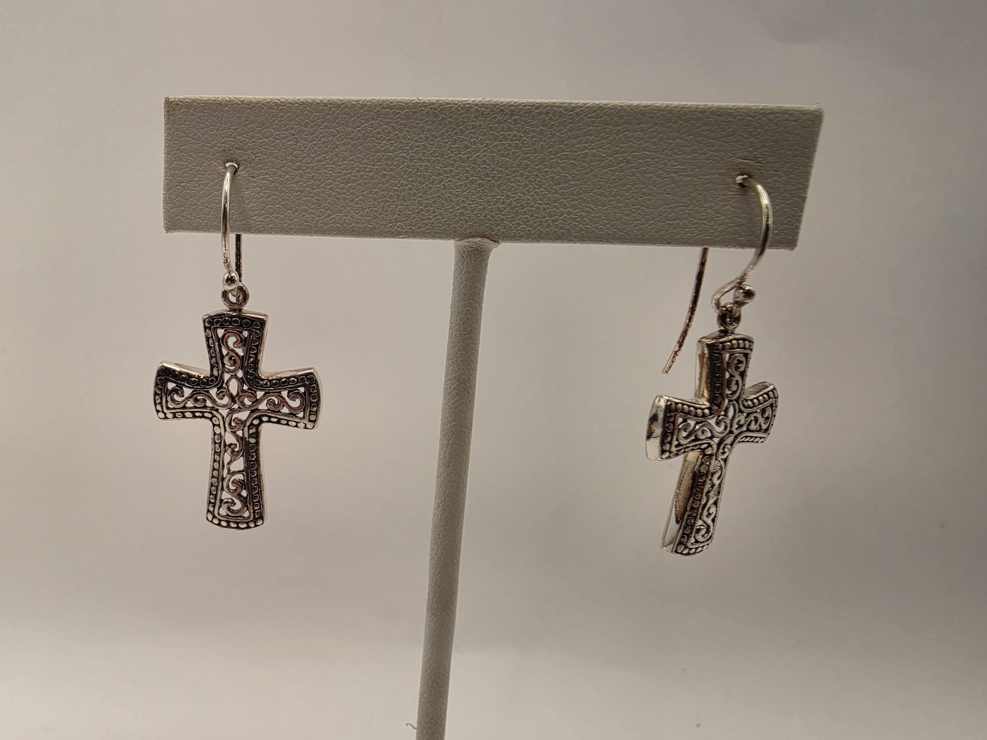 Sterling Silver Bali Filigree Cross Dangle Earrings 925 Christian Religious Faith Scrollwork Jewelry Gift for Her