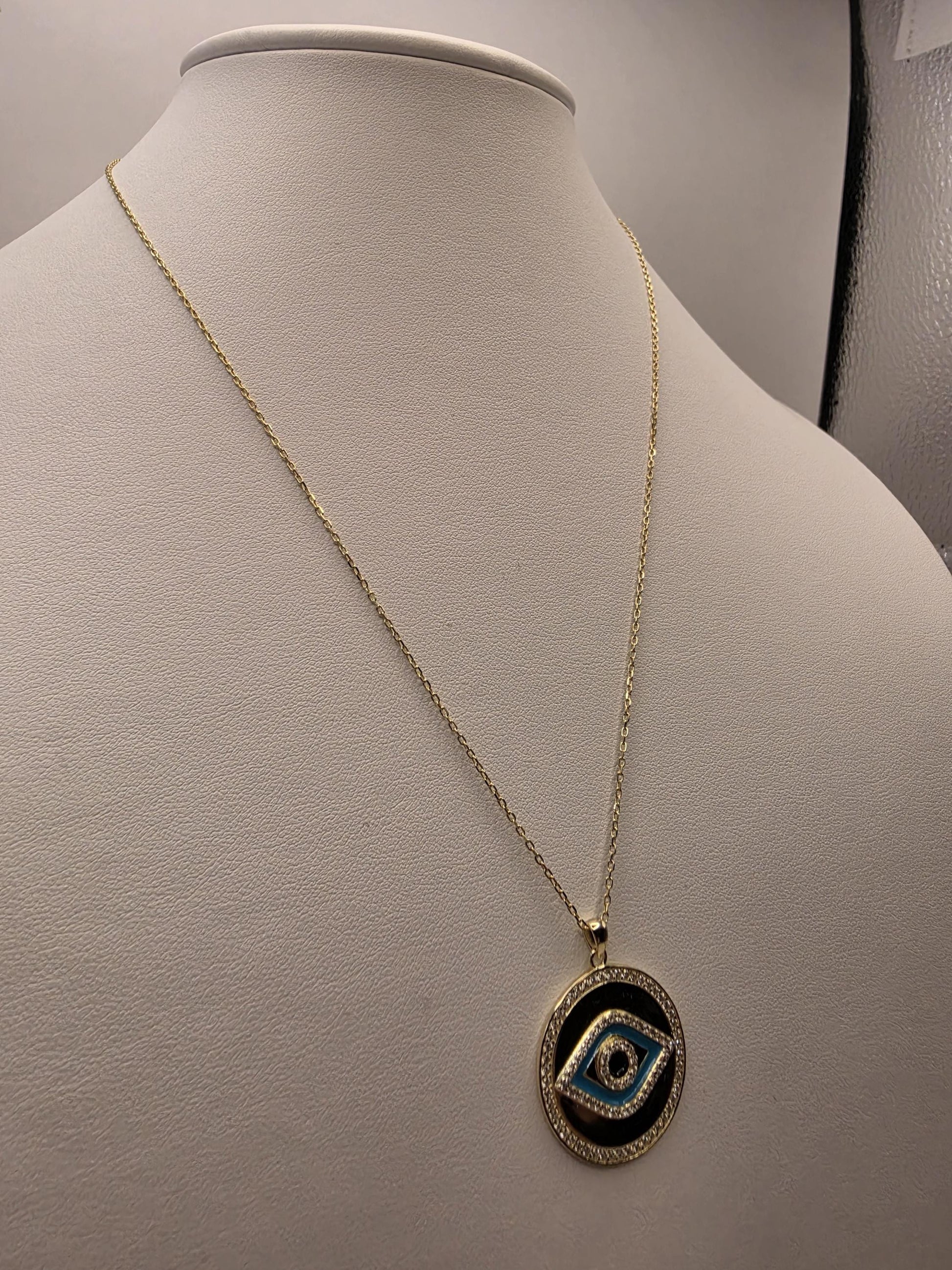 Gold Plated Evil Eye Medallion Necklace | 925 Silver | 18 Inch | Black Blue Enamel CZ Halo | 1 Inch Pendant | Womens Necklace | Gift for Her