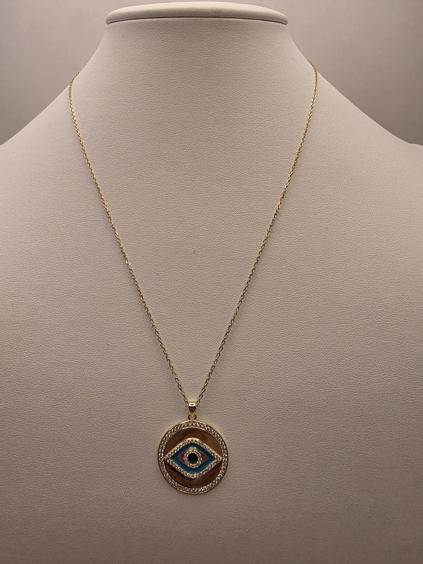 Gold Plated Evil Eye Medallion Necklace | 925 Silver | 18 Inch | Black Blue Enamel CZ Halo | 1 Inch Pendant | Womens Necklace | Gift for Her