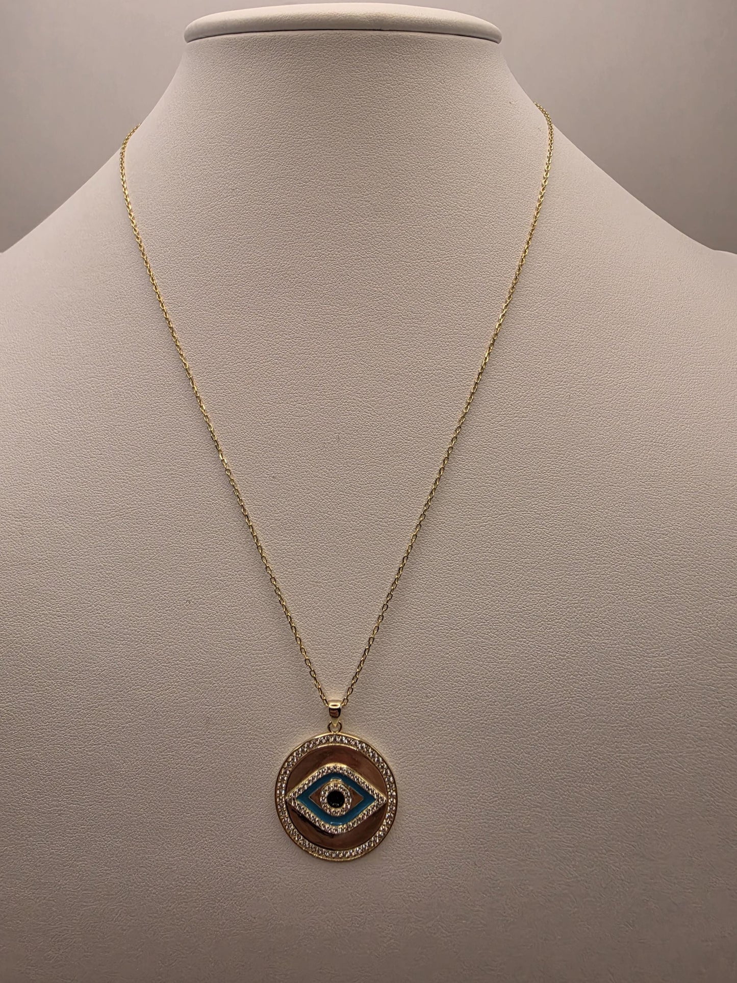 Gold Plated Evil Eye Medallion Necklace | 925 Silver | 18 Inch | Black Blue Enamel CZ Halo | 1 Inch Pendant