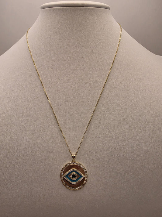 Gold Plated Evil Eye Medallion Necklace | 925 Silver | 18 Inch | Black Blue Enamel CZ Halo | 1 Inch Pendant