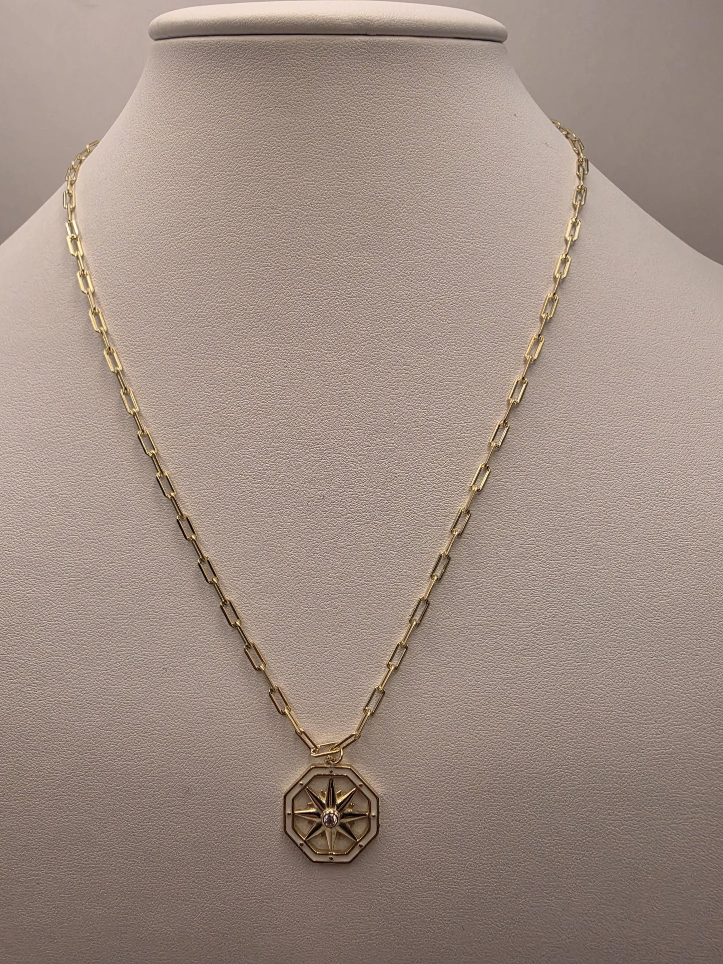 Gold Plated Compass Star Necklace | 925 Silver | 18 Inch Paperclip Chain | Octagon Star Pendant | .75 Inch