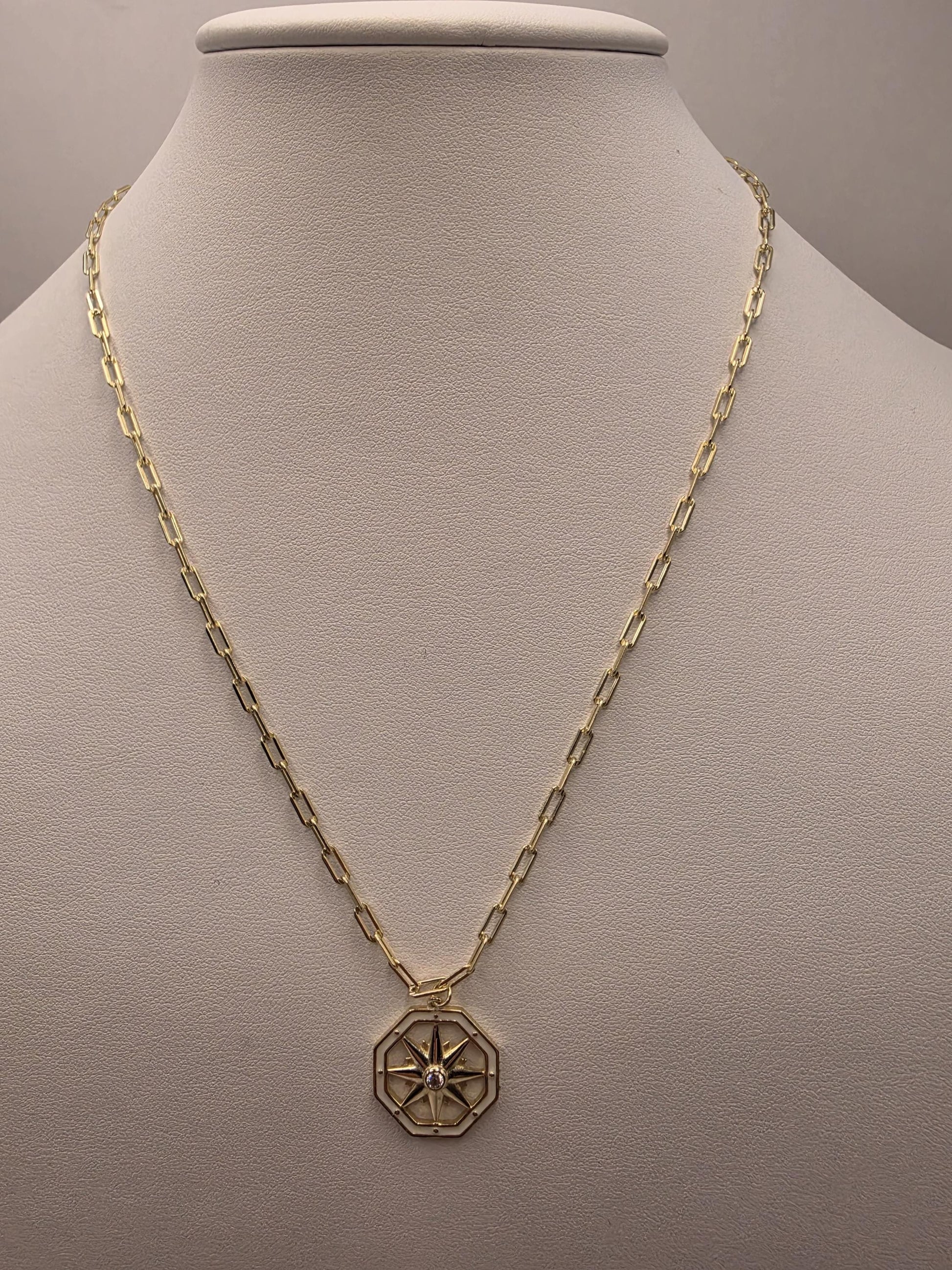 Gold Plated Compass Star Necklace | 925 Silver | 18 Inch Paperclip Chain | Octagon Star Pendant | .75 Inch