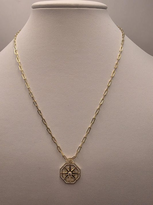 Gold Plated Compass Star Necklace | 925 Silver | 18 Inch Paperclip Chain | Octagon Star Pendant | .75 Inch