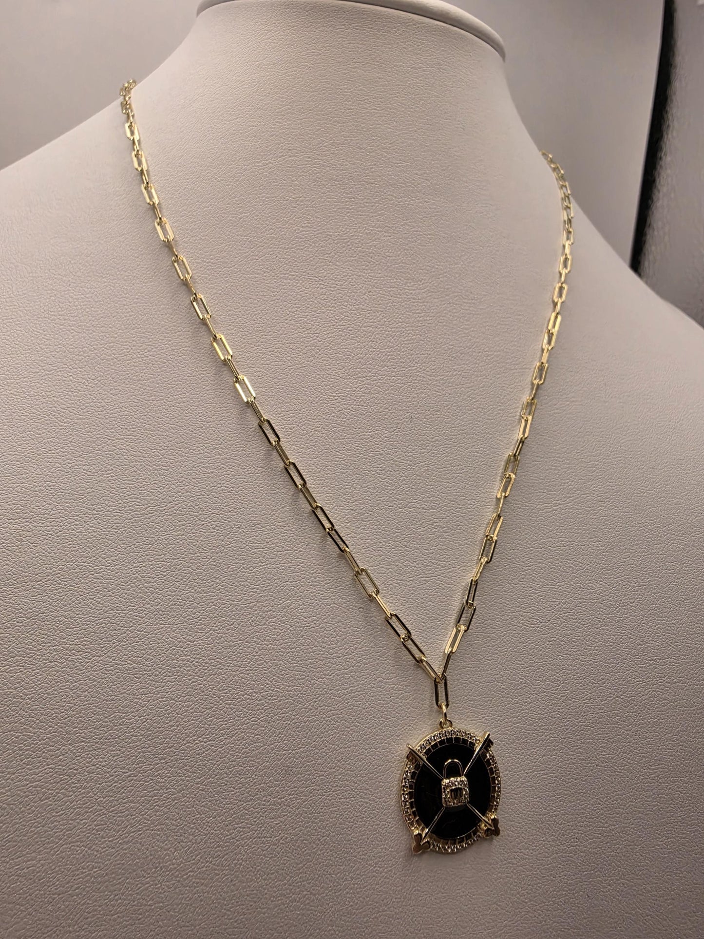 Gold Plated Black Enamel Compass Medallion Necklace | 925 Silver | 18 Inch Paperclip Chain | .75 Inch Pendant