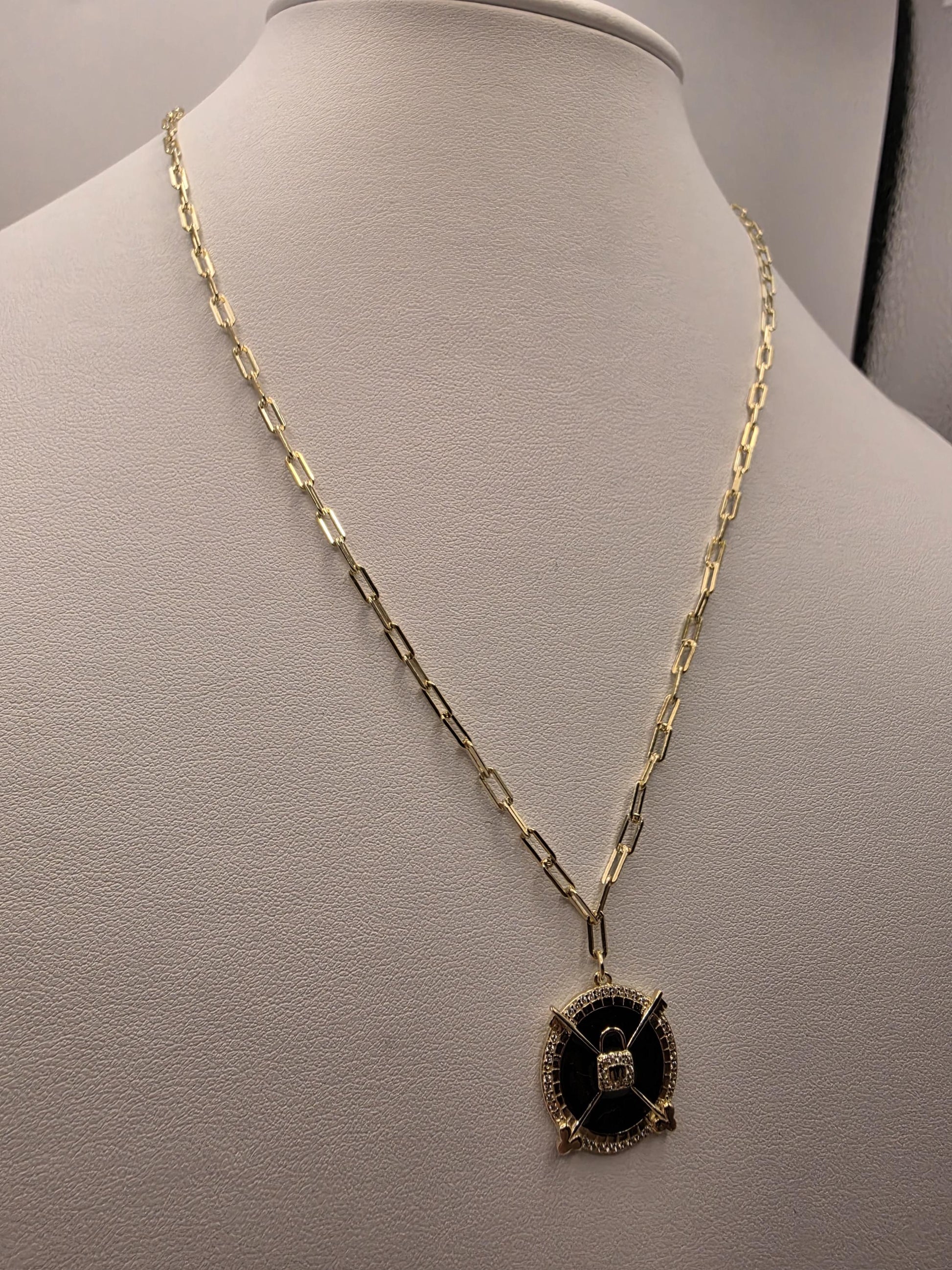 Gold Plated Black Enamel Compass Medallion Necklace | 925 Silver | 18 Inch Paperclip Chain | .75 Inch Pendant