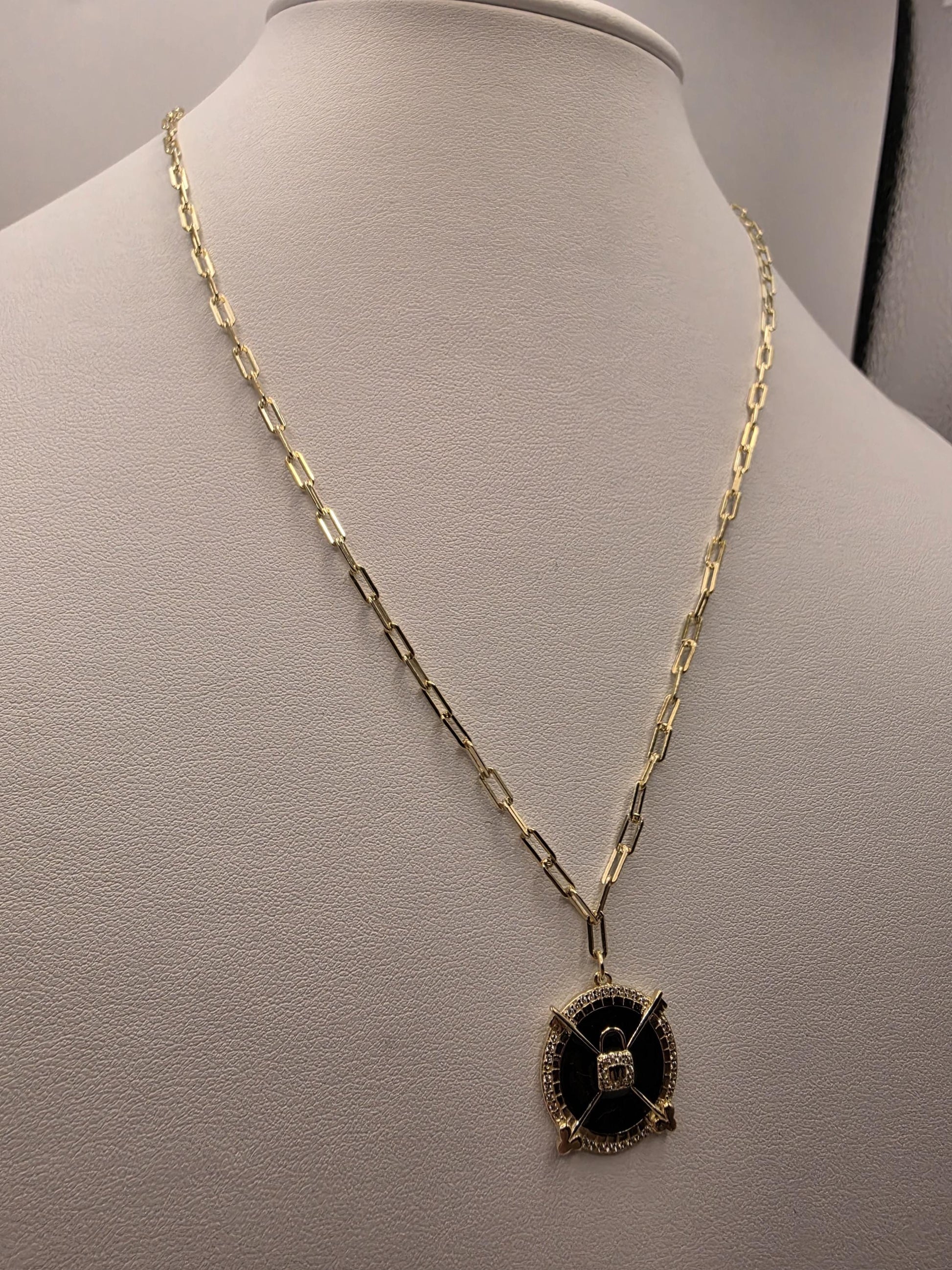 Gold Plated Black Enamel Compass Medallion Necklace | 925 Silver | 18 Inch Paperclip Chain | .75 Inch Pendant | Layering Necklace