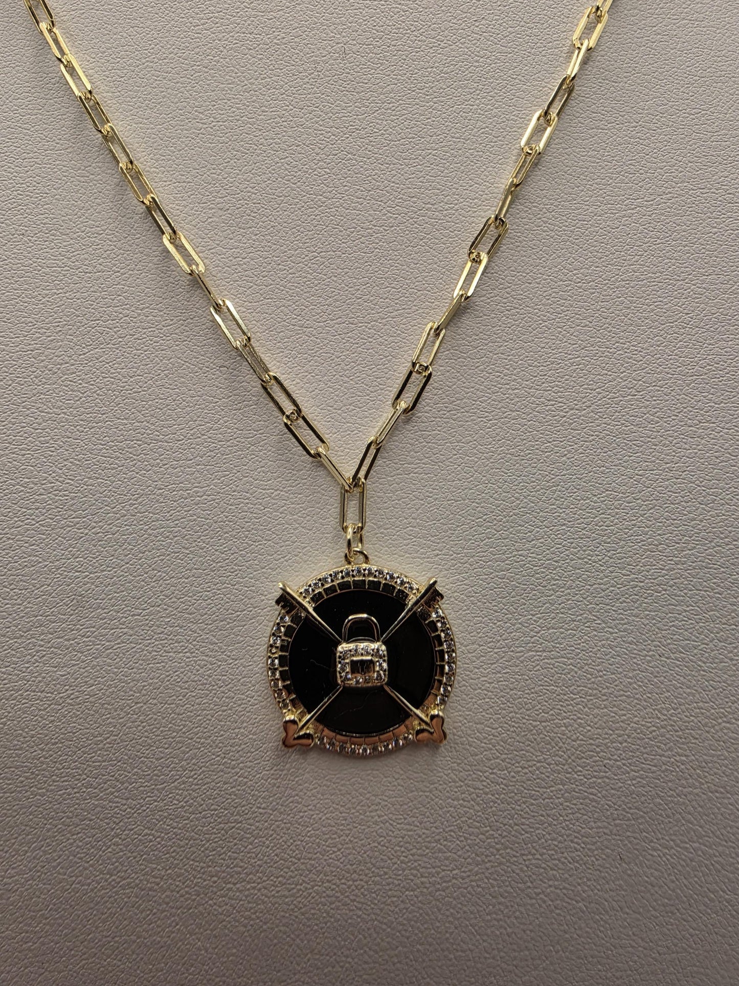 Gold Plated Black Enamel Compass Medallion Necklace | 925 Silver | 18 Inch Paperclip Chain | .75 Inch Pendant | Layering Necklace
