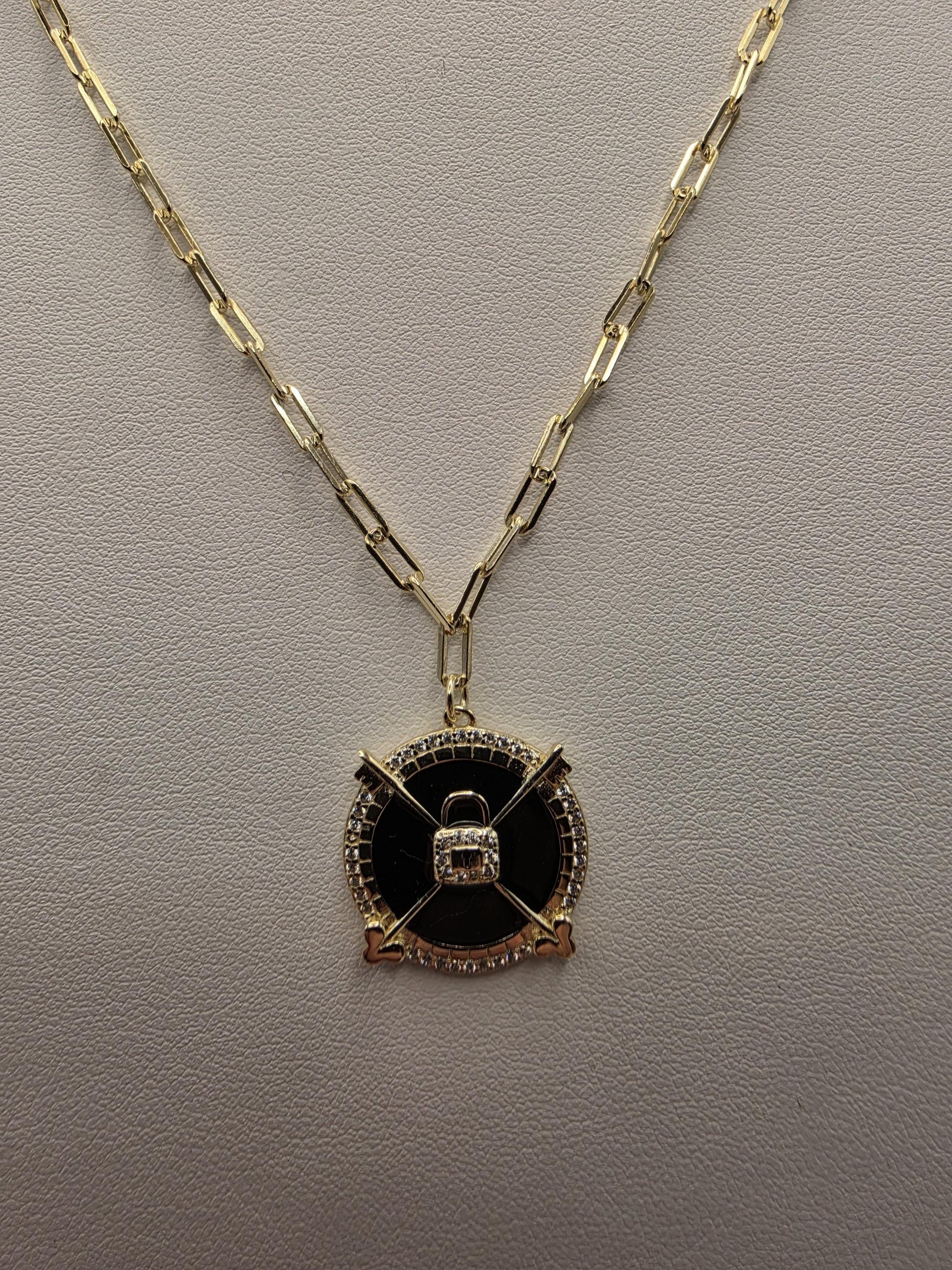 Gold Plated Black Enamel Compass Medallion Necklace | 925 Silver | 18 Inch Paperclip Chain | .75 Inch Pendant | Layering Necklace