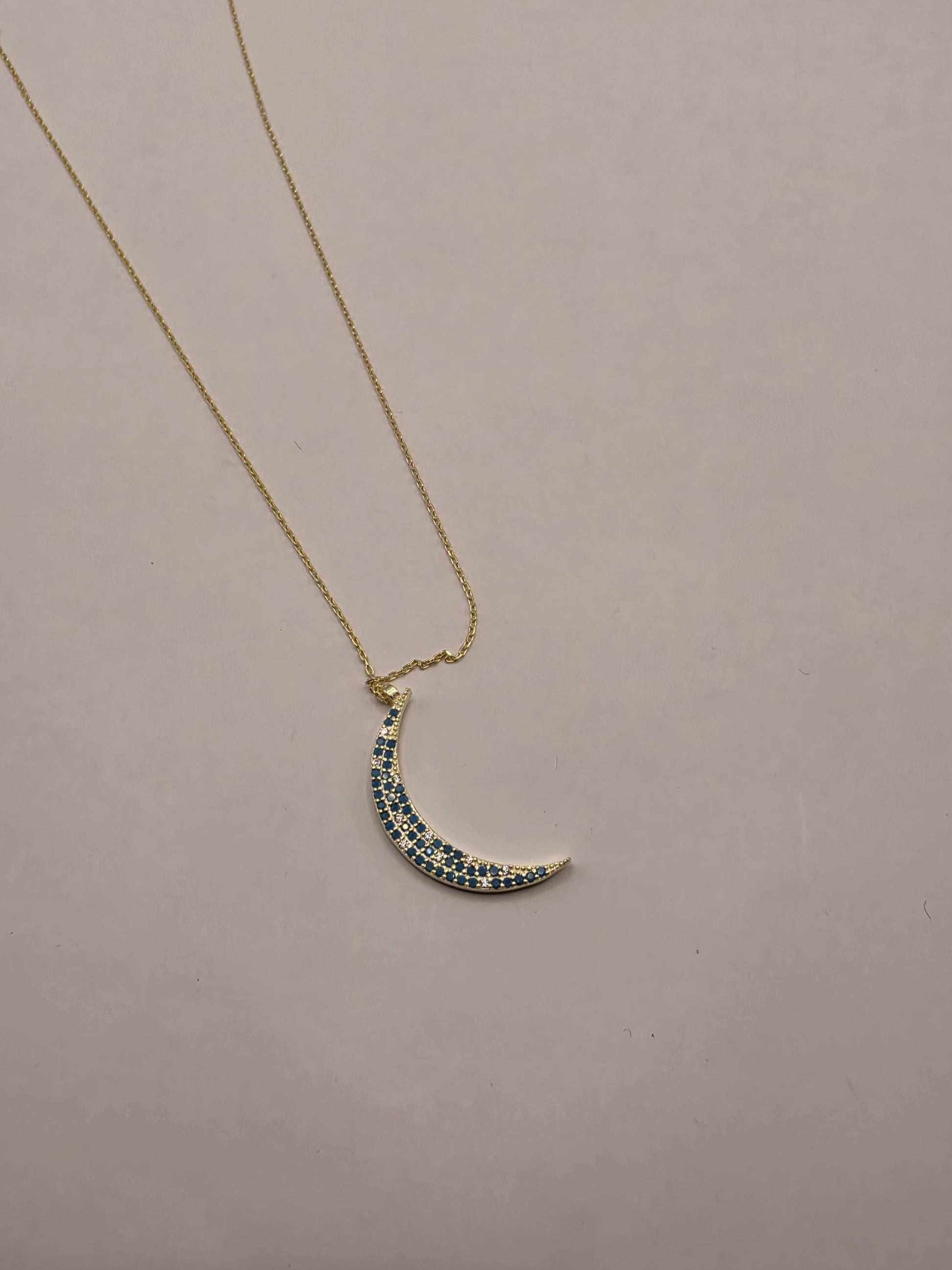 Gold Plated Blue CZ Crescent Moon Necklace | 925 Silver | 18 Inch Cable Chain | Pave Moon Pendant | 1.25 Inch