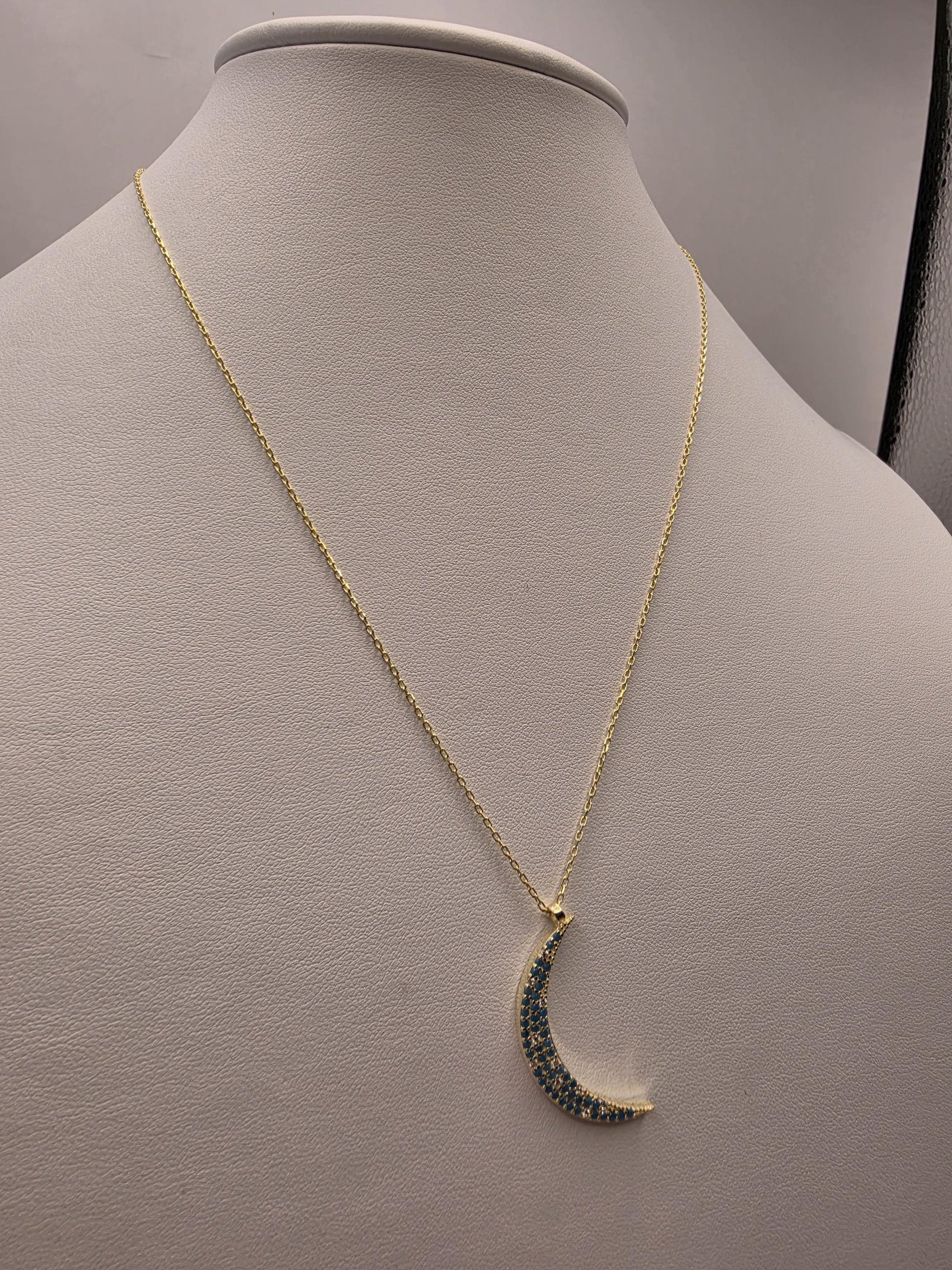 Gold Plated Blue CZ Crescent Moon Necklace | 925 Silver | 18 Inch Cable Chain | Pave Moon Pendant | 1.25 Inch | Layering Necklace