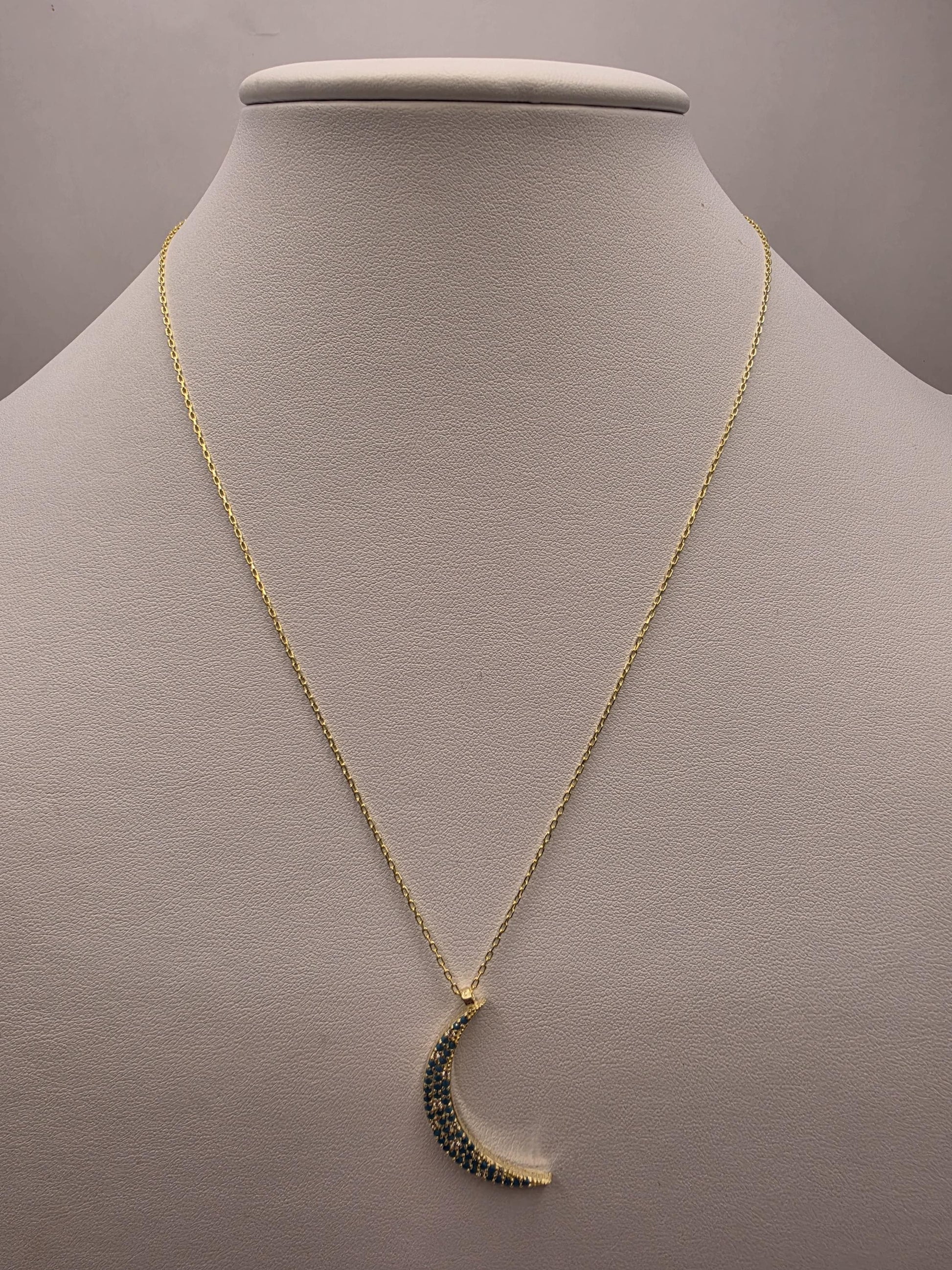 Gold Plated Blue CZ Crescent Moon Necklace | 925 Silver | 18 Inch Cable Chain | Pave Moon Pendant | 1.25 Inch