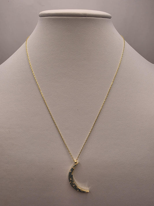 Gold Plated Blue CZ Crescent Moon Necklace | 925 Silver | 18 Inch Cable Chain | Pave Moon Pendant | 1.25 Inch