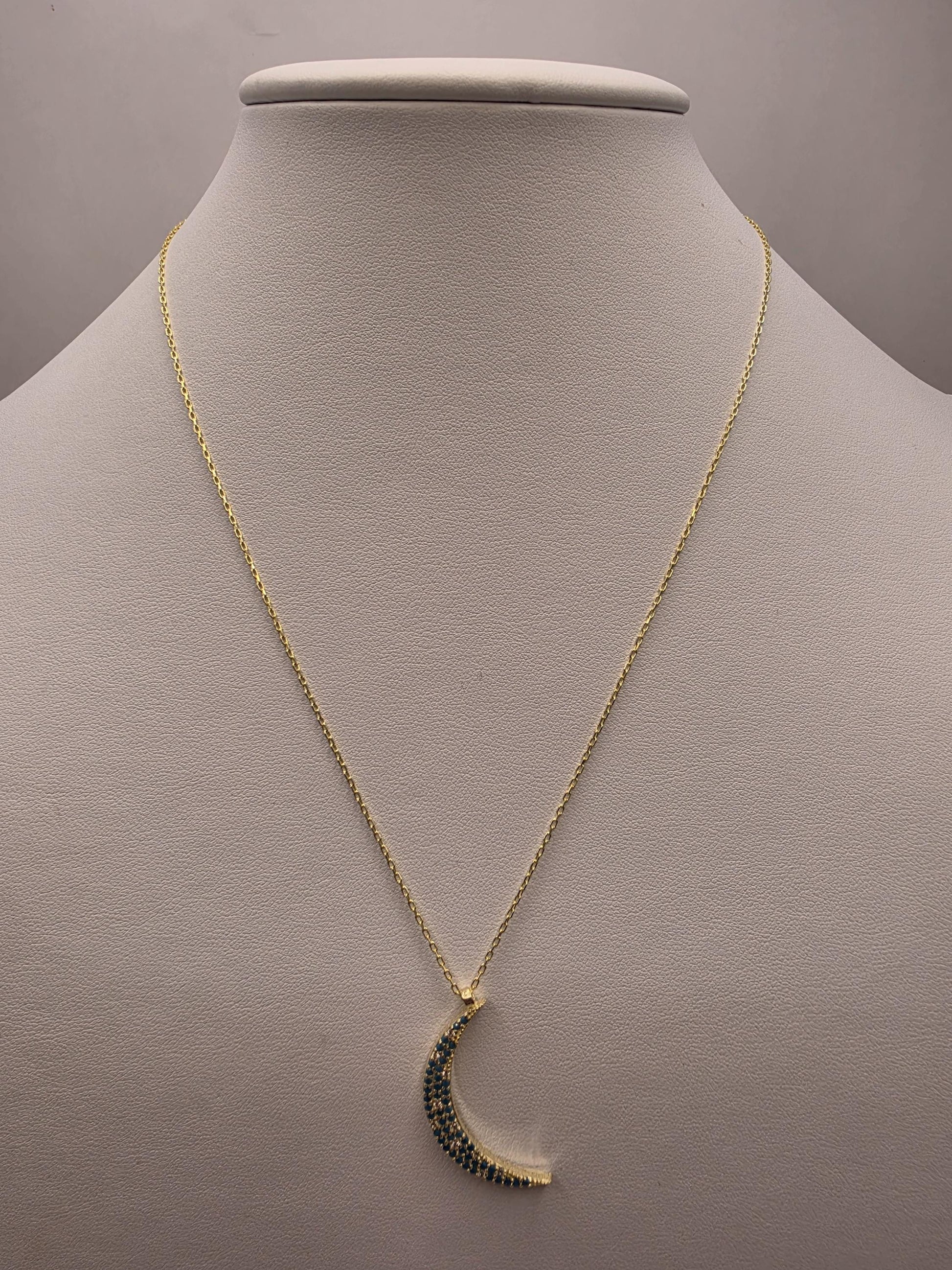 Gold Plated Blue CZ Crescent Moon Necklace | 925 Silver | 18 Inch Cable Chain | Pave Moon Pendant | 1.25 Inch | Layering Necklace