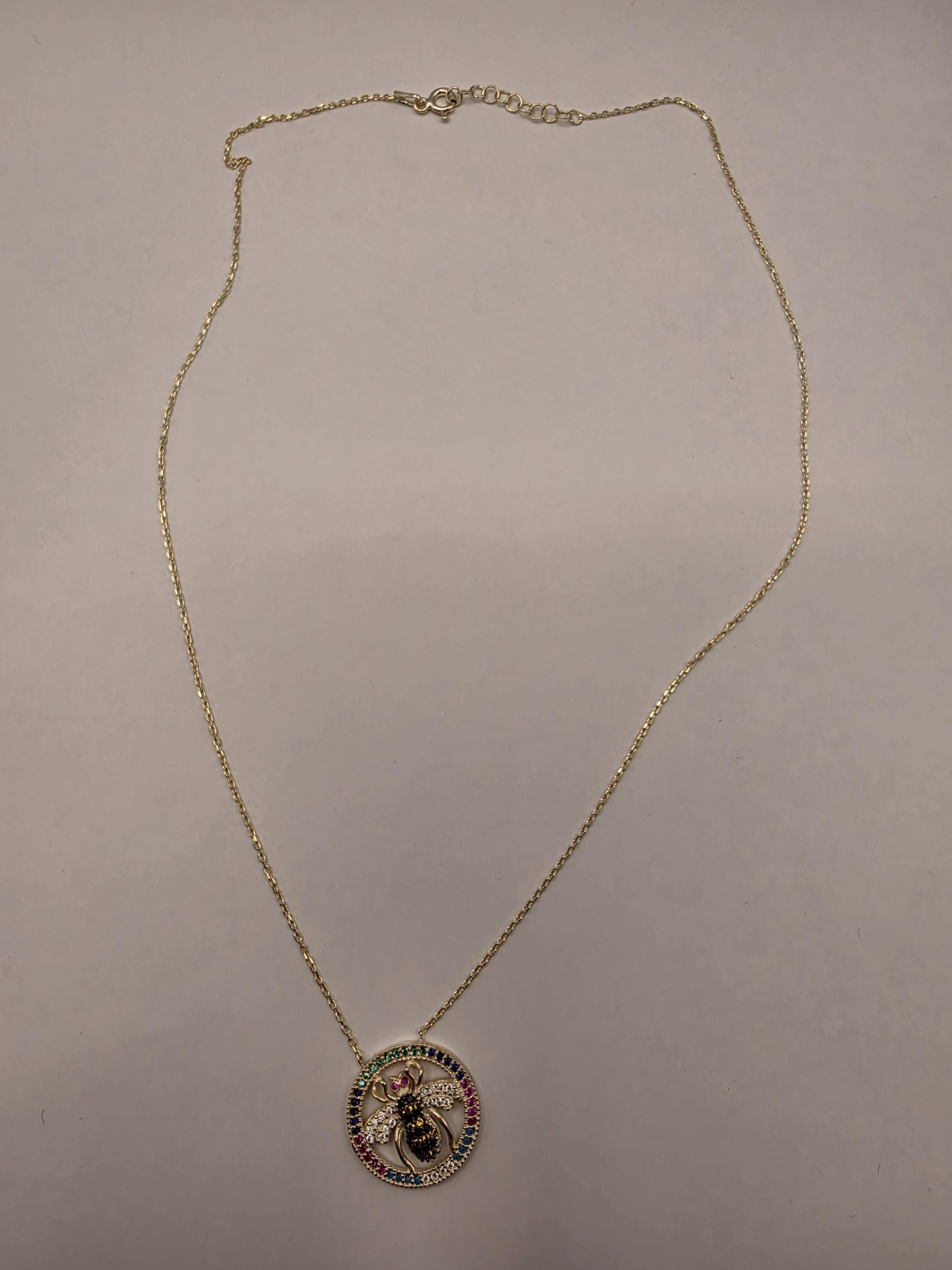 Gold Plated Multicolor CZ Bee Medallion Necklace | 925 Silver | 18 Inch | Rainbow CZ Circle Frame | 20mm
