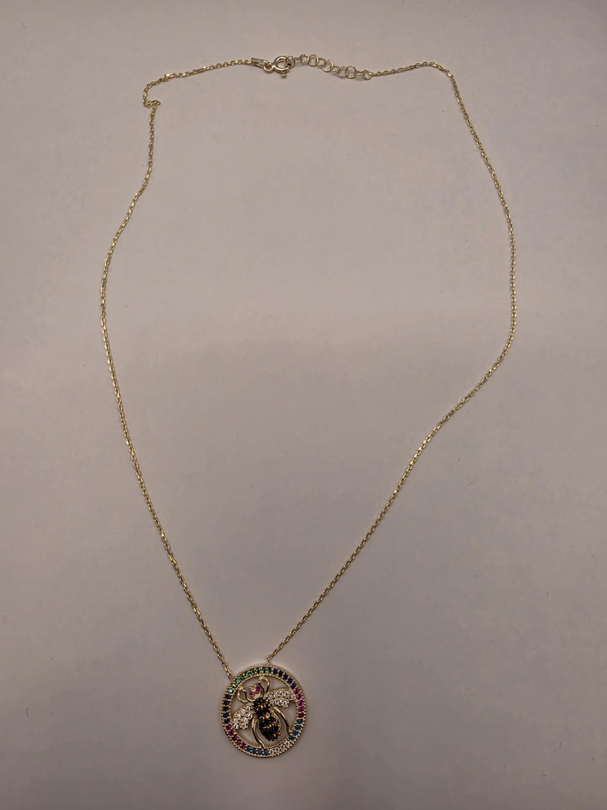 Gold Plated Multicolor CZ Bee Medallion Necklace | 925 Silver | 18 Inch | Rainbow CZ Circle Frame | 20mm