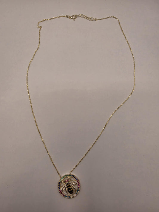 Gold Plated Multicolor CZ Bee Medallion Necklace | 925 Silver | 18 Inch | Rainbow CZ Circle Frame | 20mm