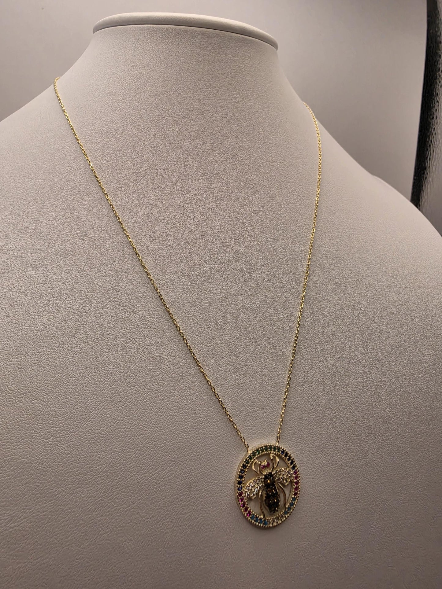 Gold Plated Multicolor CZ Bee Medallion Necklace | 925 Silver | 18 Inch | Rainbow CZ Circle Frame | 20mm | Womens Necklace | Gift for Her