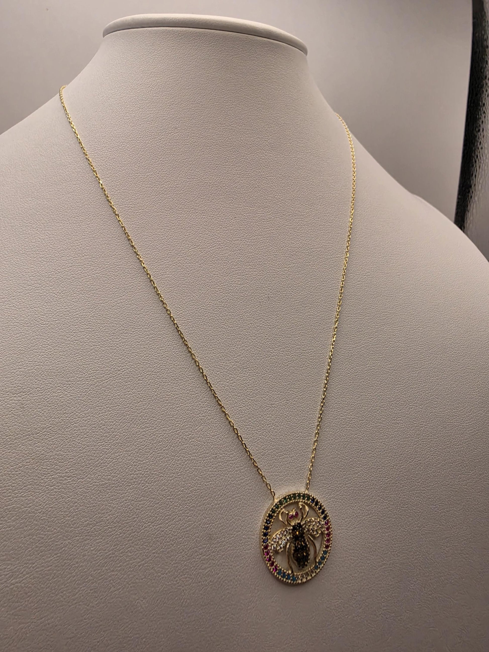 Gold Plated Multicolor CZ Bee Medallion Necklace | 925 Silver | 18 Inch | Rainbow CZ Circle Frame | 20mm | Womens Necklace | Gift for Her