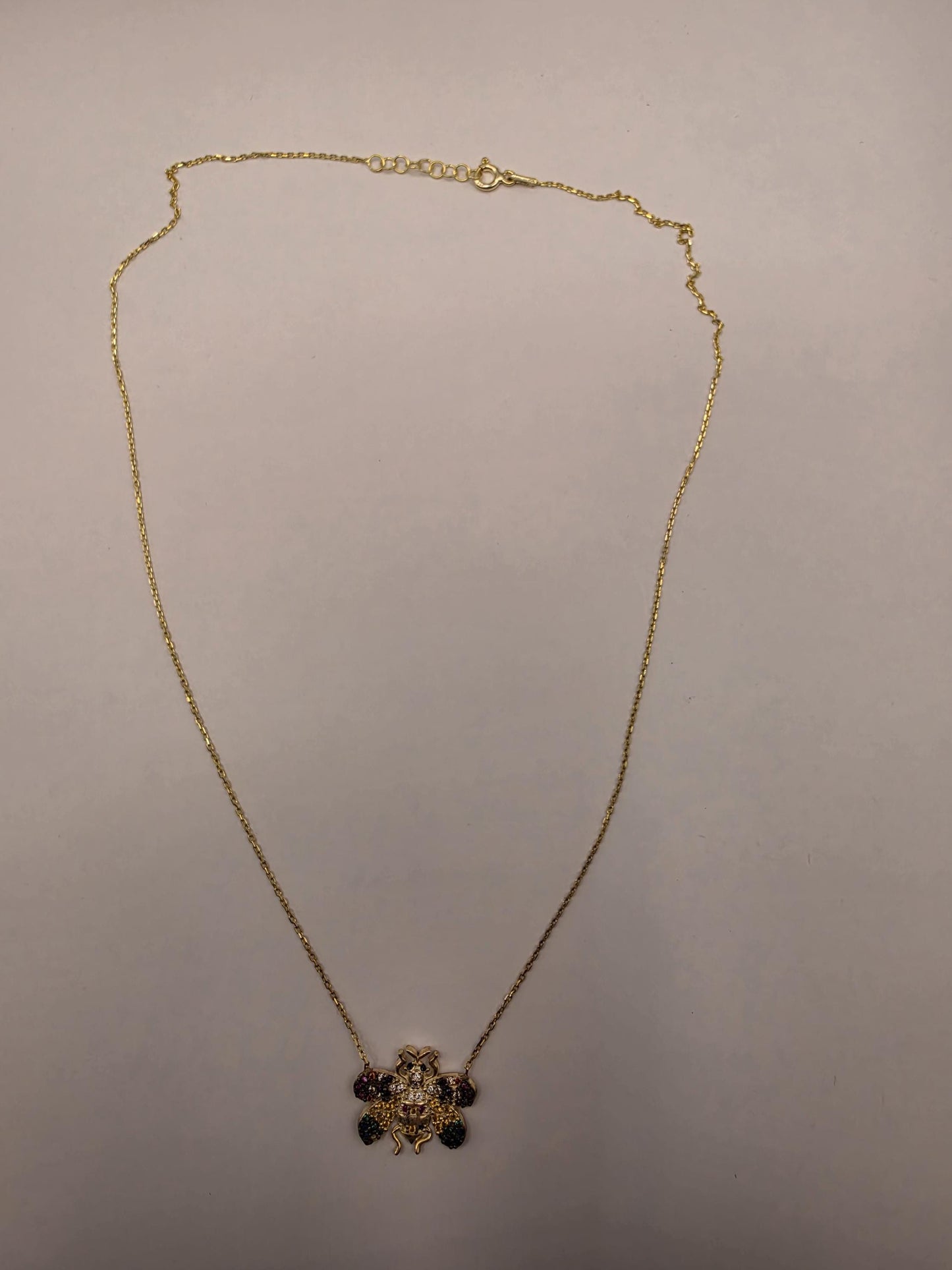 Gold Plated Multicolor CZ Beetle Necklace | 925 Silver | 18 Inch Cable Chain | Bug Charm Pendant | .5 Inch