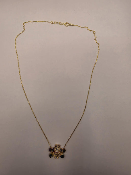 Gold Plated Multicolor CZ Beetle Necklace | 925 Silver | 18 Inch Cable Chain | Bug Charm Pendant | .5 Inch