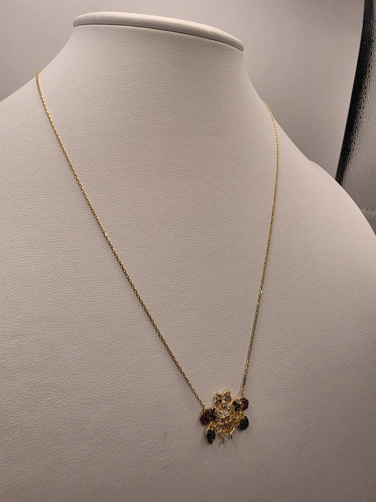 Gold Plated Multicolor CZ Beetle Necklace | 925 Silver | 18 Inch Cable Chain | Bug Charm Pendant | .5 Inch | Layering Necklace