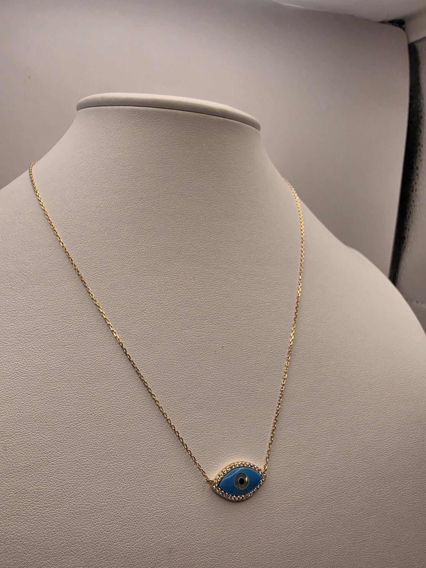 Gold Plated Blue Enamel Evil Eye Necklace | 925 Silver | 18 Inch | CZ Halo Oval Eye Pendant | 11x19mm