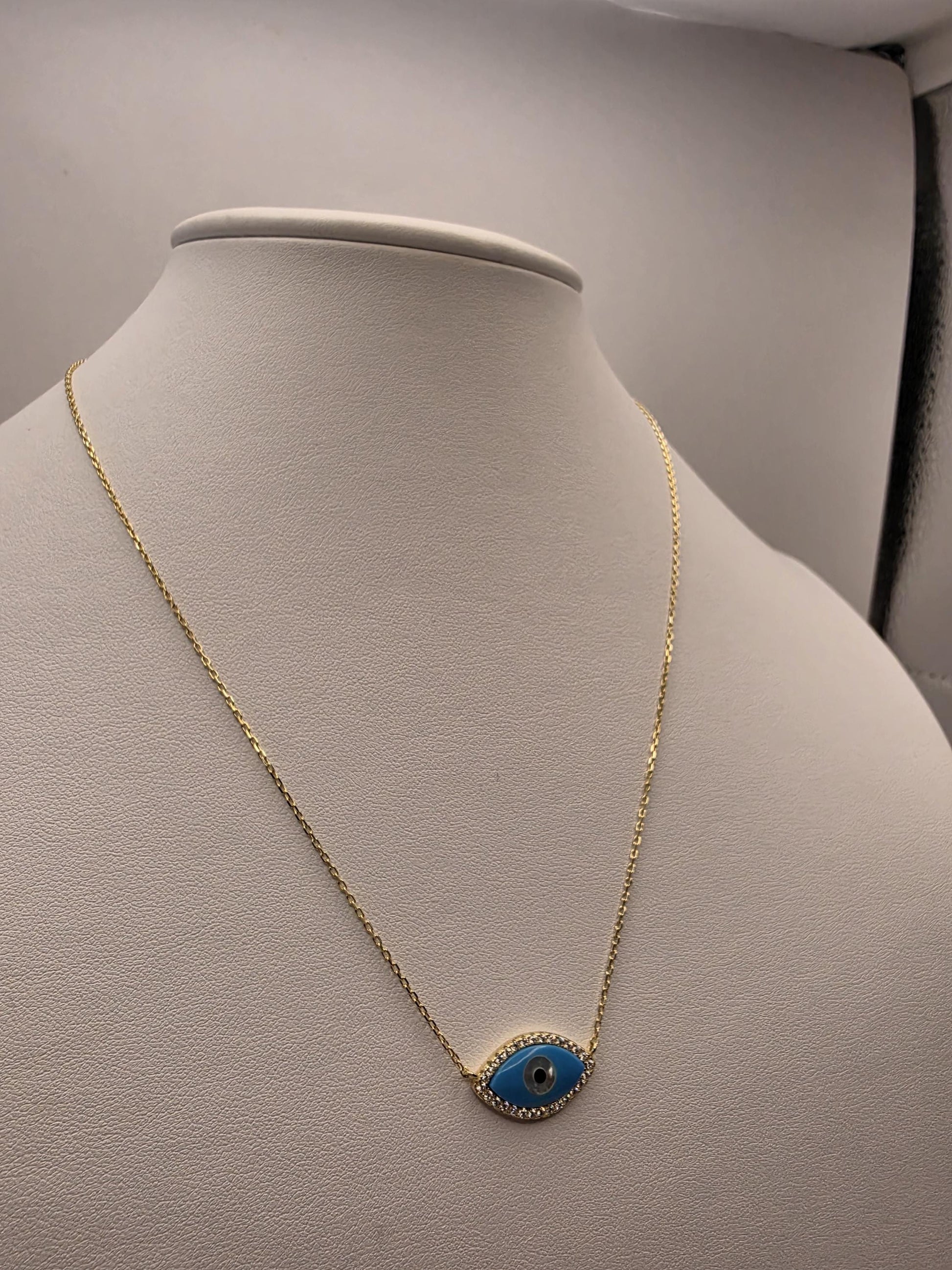 Gold Plated Blue Enamel Evil Eye Necklace | 925 Silver | 18 Inch | CZ Halo Oval Eye Pendant | 11x19mm