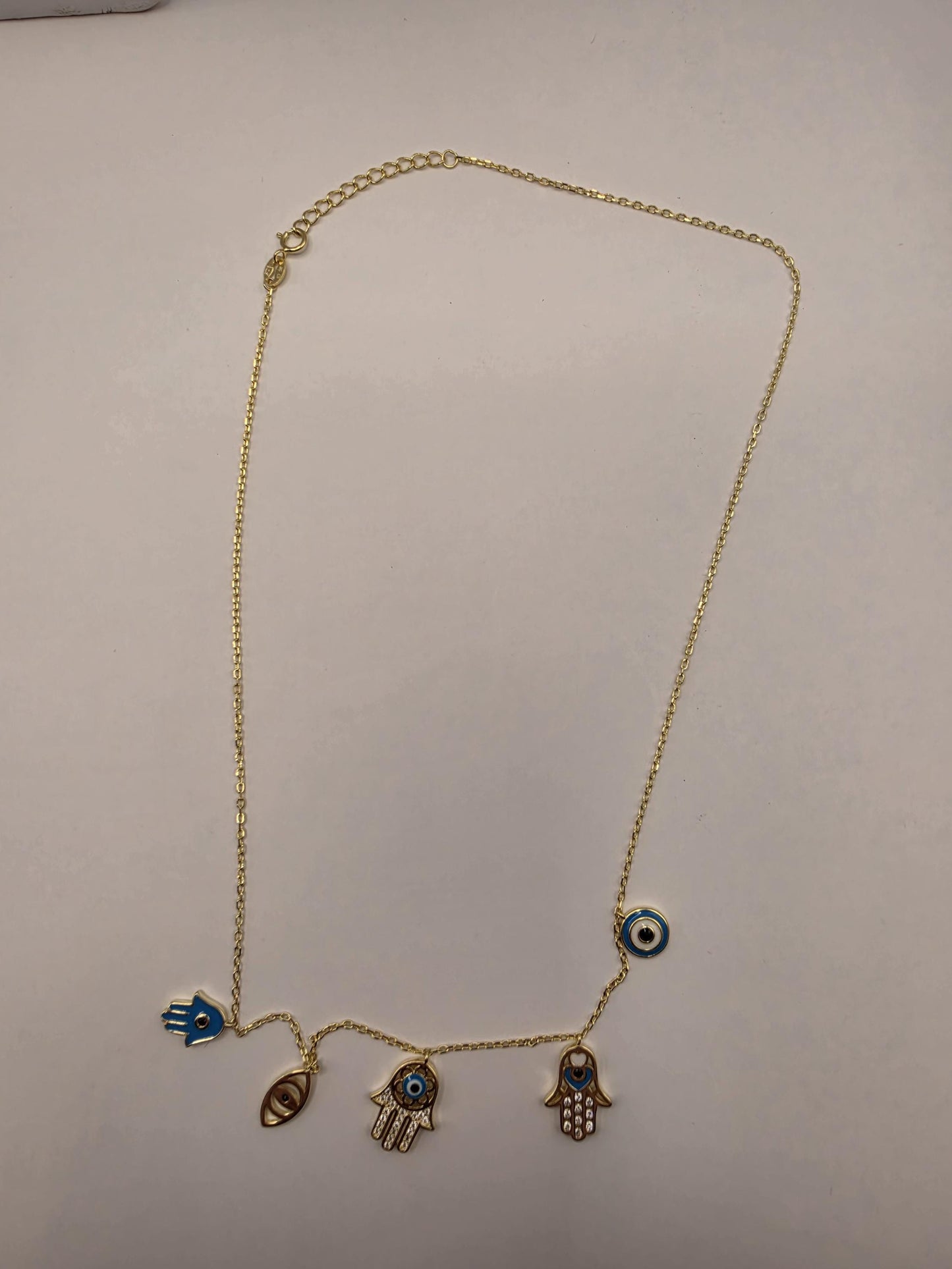 Gold Plated Evil Eye Hamsa Multi-Charm Necklace | 925 Silver | 18 Inch | 5 Dangle Charms | Protection Jewelry | Womens Necklace