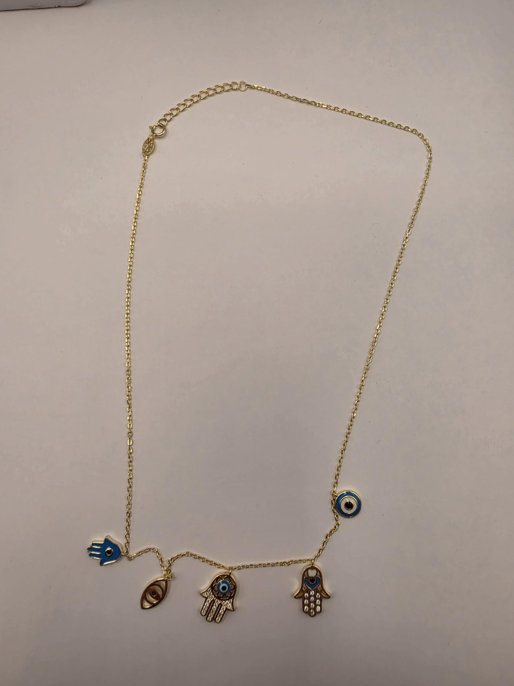 Gold Plated Evil Eye Hamsa Multi-Charm Necklace | 925 Silver | 18 Inch | 5 Dangle Charms | Protection Jewelry | Womens Necklace