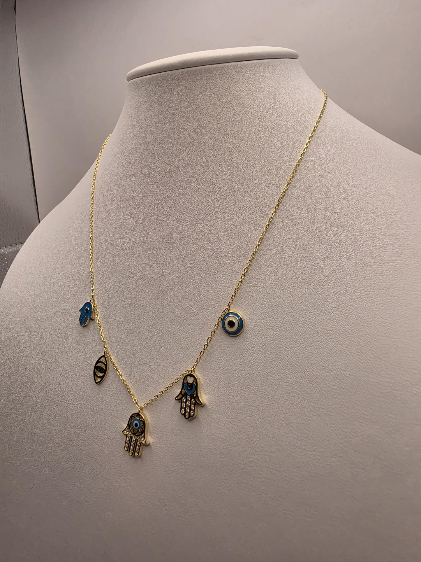 Gold Plated Evil Eye Hamsa Multi-Charm Necklace | 925 Silver | 18 Inch | 5 Dangle Charms | Protection Jewelry