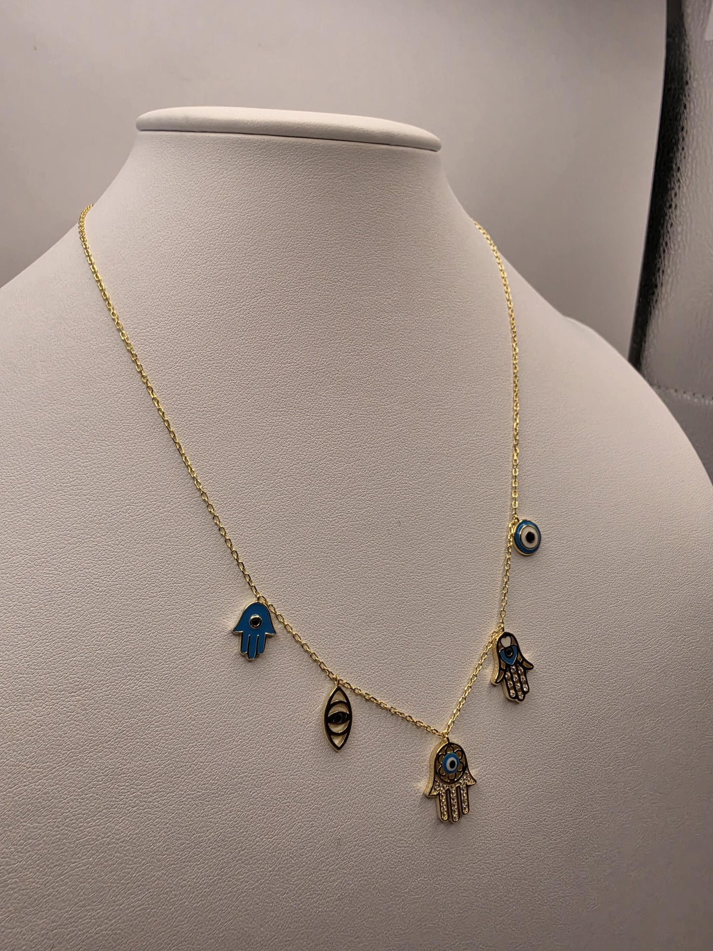 Gold Plated Evil Eye Hamsa Multi-Charm Necklace | 925 Silver | 18 Inch | 5 Dangle Charms | Protection Jewelry | Womens Necklace