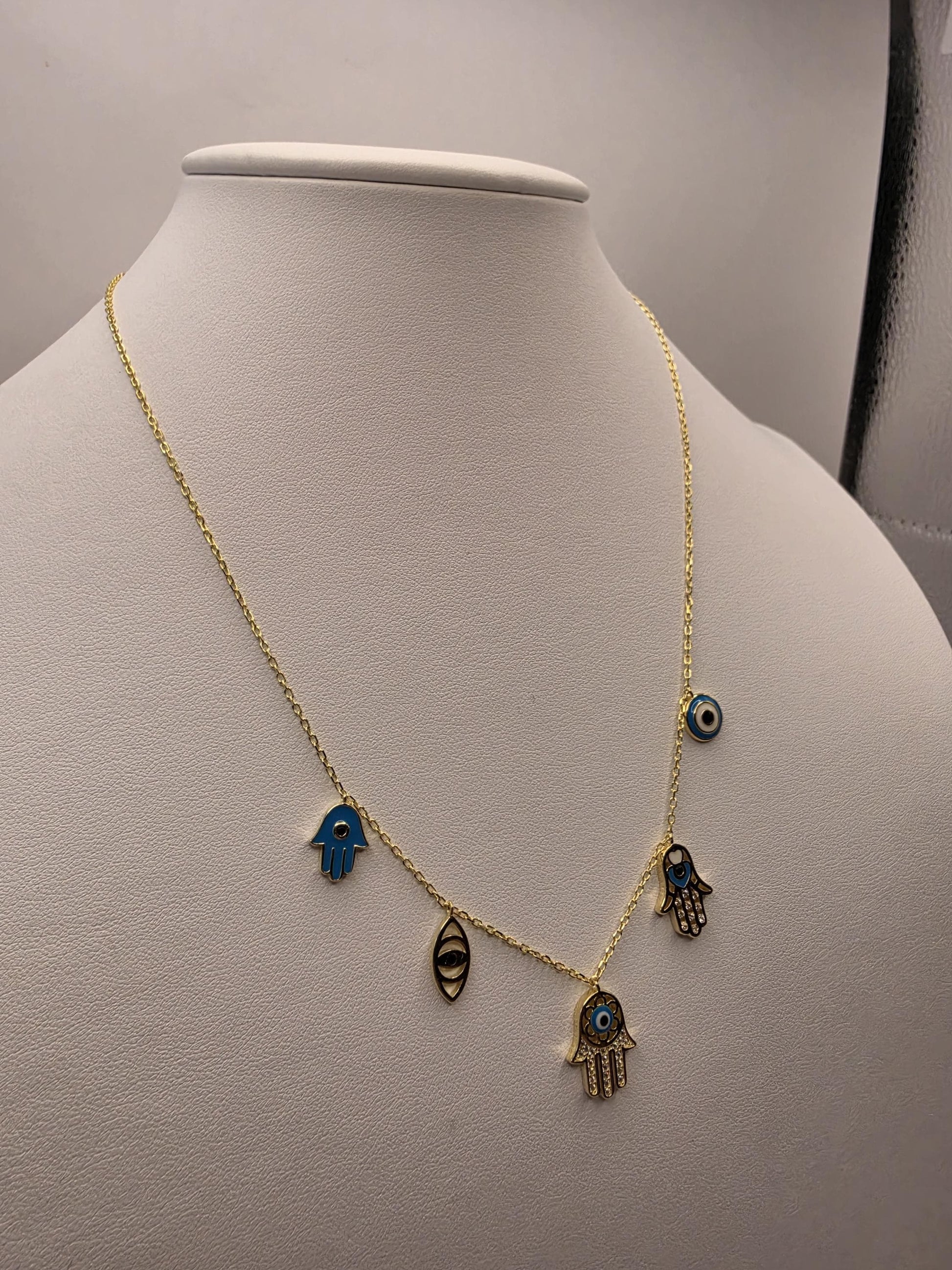 Gold Plated Evil Eye Hamsa Multi-Charm Necklace | 925 Silver | 18 Inch | 5 Dangle Charms | Protection Jewelry | Womens Necklace
