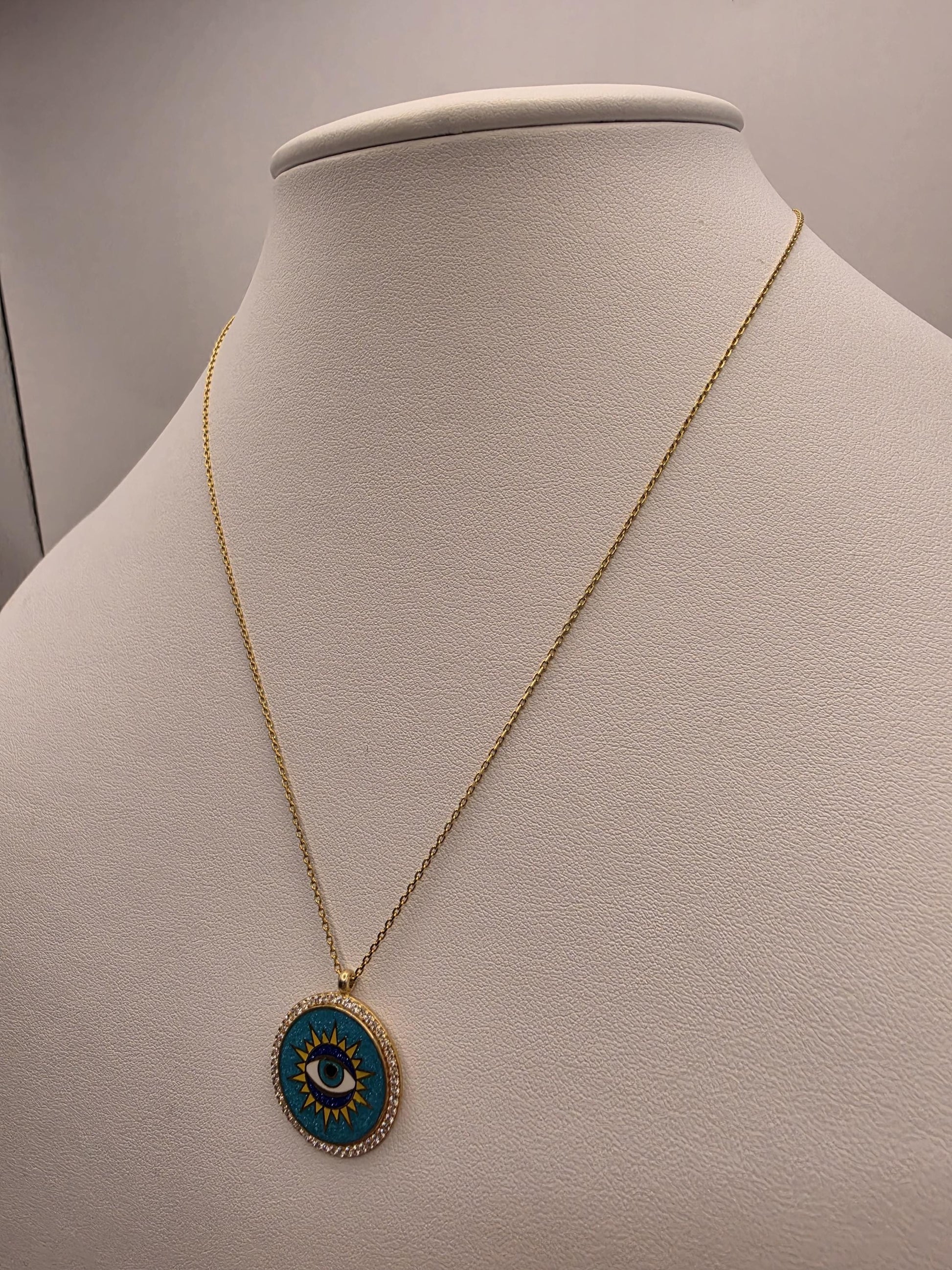 Gold Plated Turquoise Evil Eye Sun Medallion Necklace | 925 Silver | 16–18 Inch | 1 Inch Round Pendant | Womens Necklace | Gift for Her