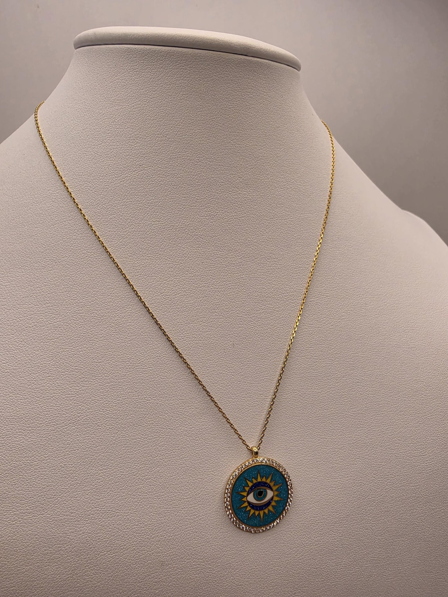 Gold Plated Turquoise Evil Eye Sun Medallion Necklace | 925 Silver | 16–18 Inch | 1 Inch Round Pendant