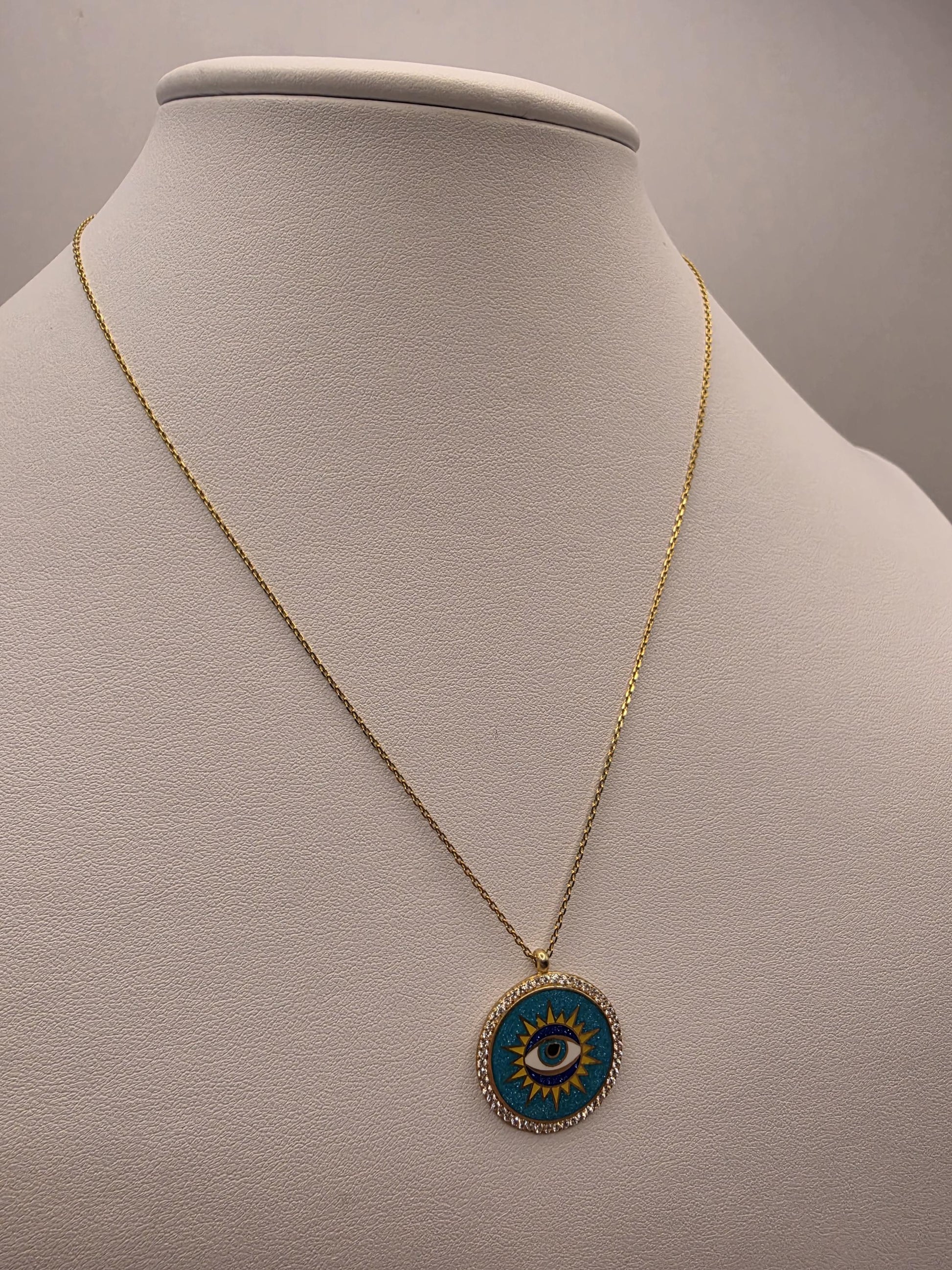 Gold Plated Turquoise Evil Eye Sun Medallion Necklace | 925 Silver | 16–18 Inch | 1 Inch Round Pendant