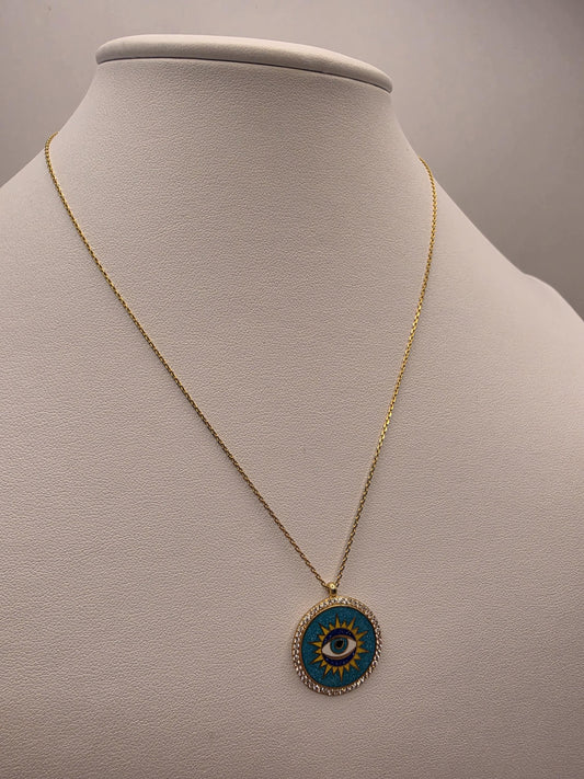 Gold Plated Turquoise Evil Eye Sun Medallion Necklace | 925 Silver | 16–18 Inch | 1 Inch Round Pendant