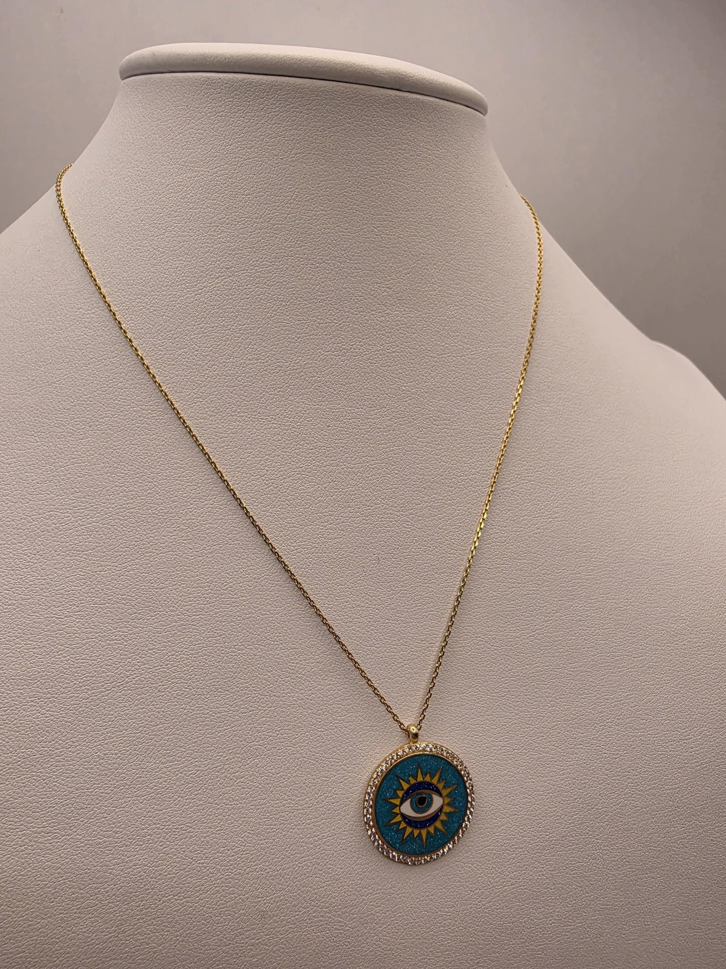 Gold Plated Turquoise Evil Eye Sun Medallion Necklace | 925 Silver | 16–18 Inch | 1 Inch Round Pendant | Womens Necklace | Gift for Her