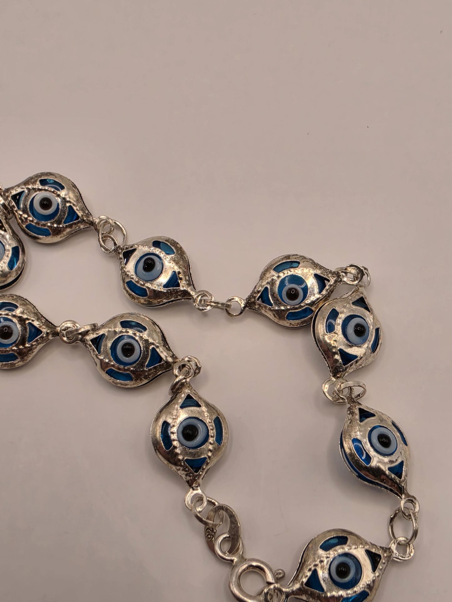 925 Sterling Silver Evil Eye Chain Bracelet | 8mm Beads | 7.5" | Protection Jewelry | Blue Enamel | Nazar | Boho | Gift for Her