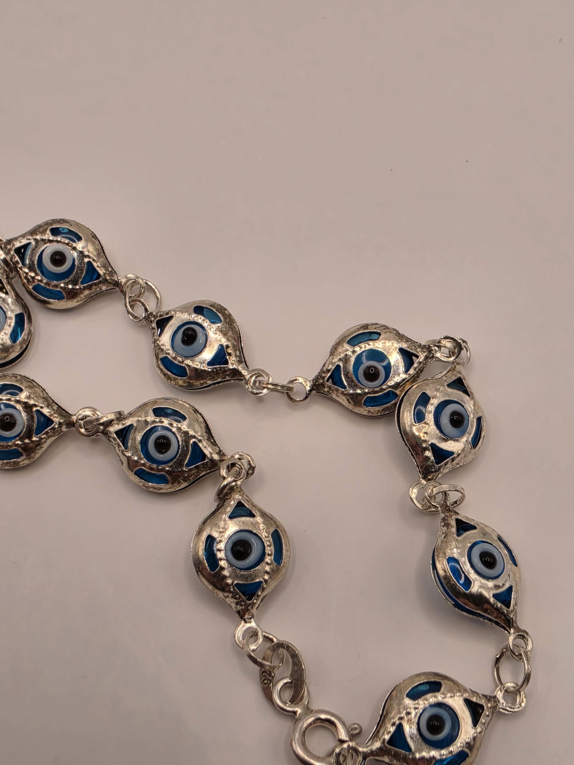 925 Sterling Silver Evil Eye Chain Bracelet | 8mm Beads | 7.5" | Protection Jewelry | Blue Enamel | Nazar | Boho | Gift for Her