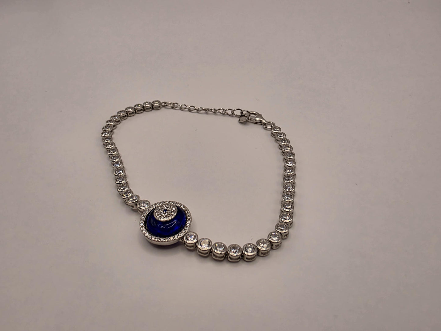 925 Sterling Silver Evil Eye CZ Tennis Bracelet | 8" | Navy Enamel Center | Crystal Chain | Protection Jewelry | Gift for Her