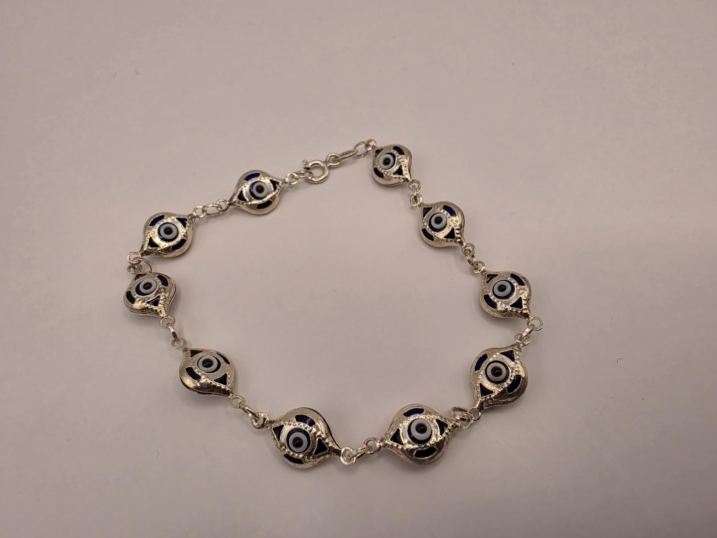 925 Sterling Silver Blue Evil Eye Filigree Link Bracelet | 7.5" | 4.5mm | Protection Jewelry | Nazar | Boho | Gift for Her | Womens Bracelet