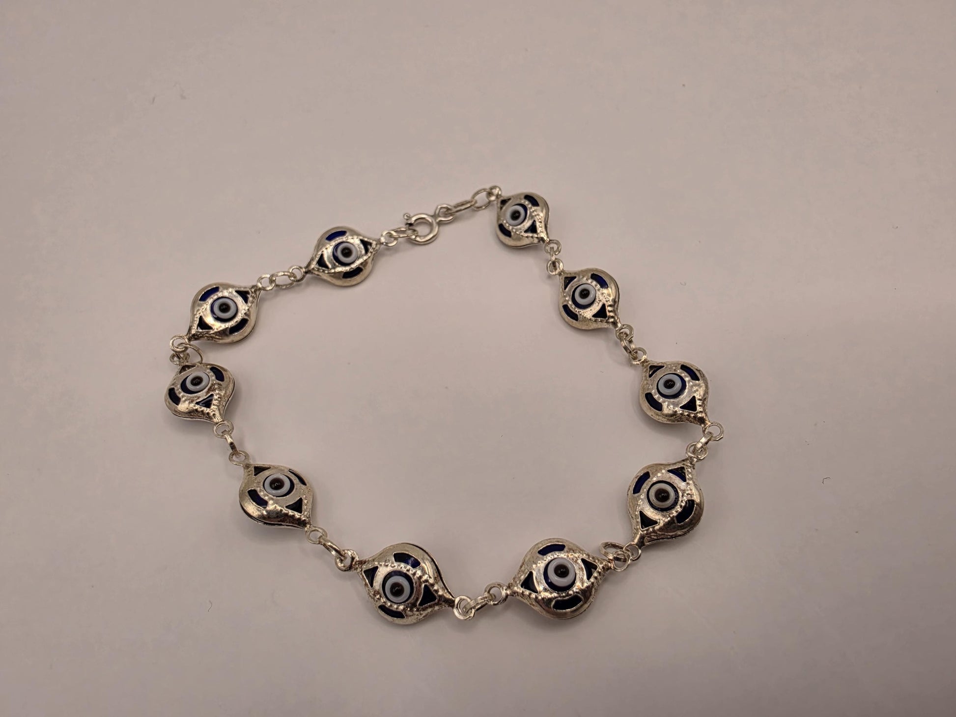 925 Sterling Silver Blue Evil Eye Filigree Link Bracelet | 7.5" | 4.5mm | Protection Jewelry | Nazar | Boho | Gift for Her | Womens Bracelet