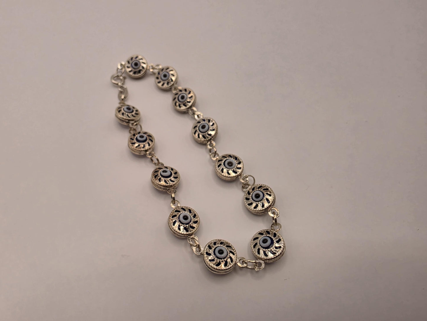 925 Sterling Silver Blue Evil Eye Sunburst Link Bracelet | 7.5" | 4.5mm | Protection Jewelry | Nazar | Minimalist | Gift for Her
