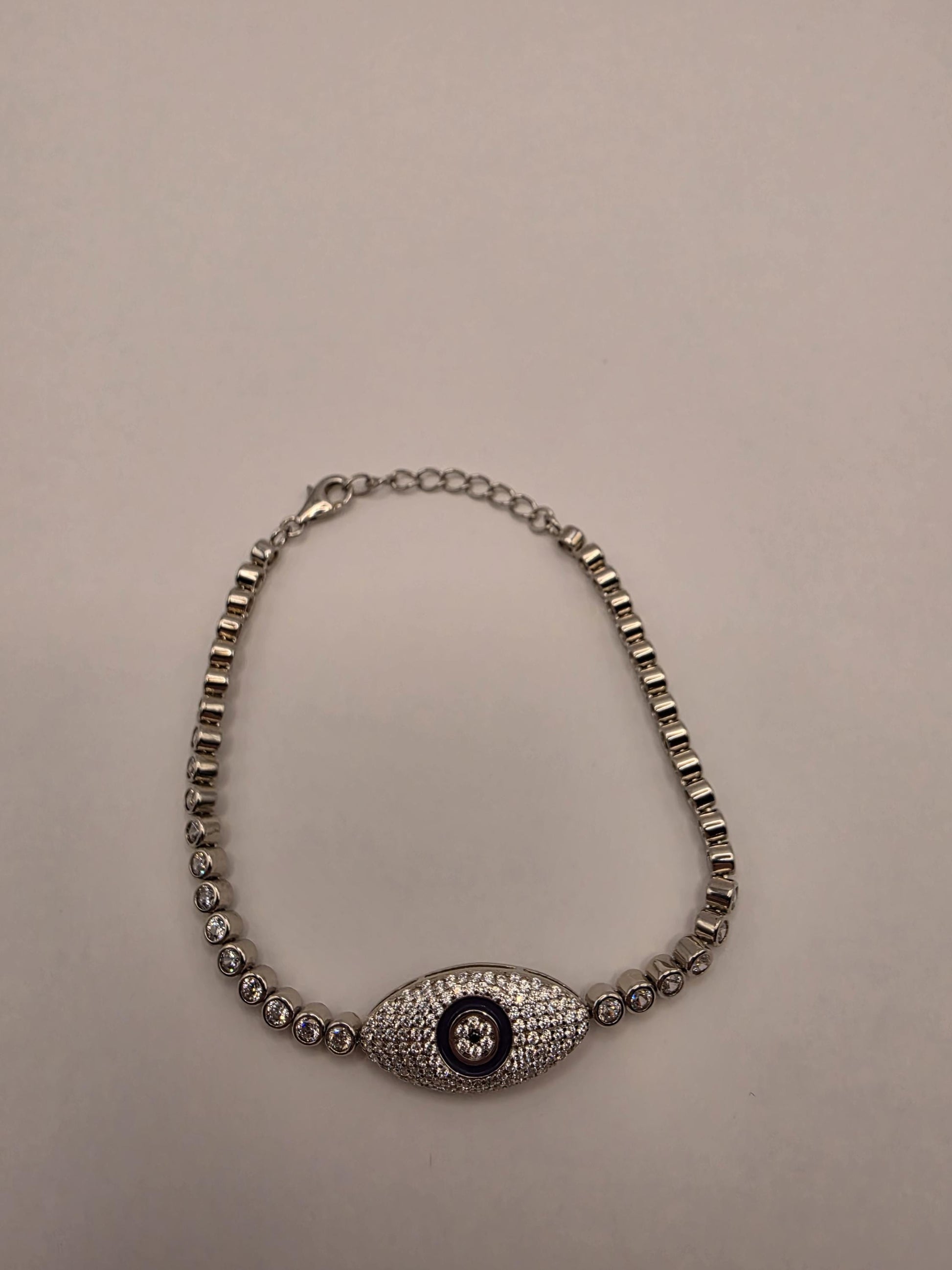 925 Sterling Silver Pave Evil Eye Tennis Bracelet | 8" | CZ & Navy Enamel Centerpiece | Crystal Chain | Protection Jewelry | Gift for Her